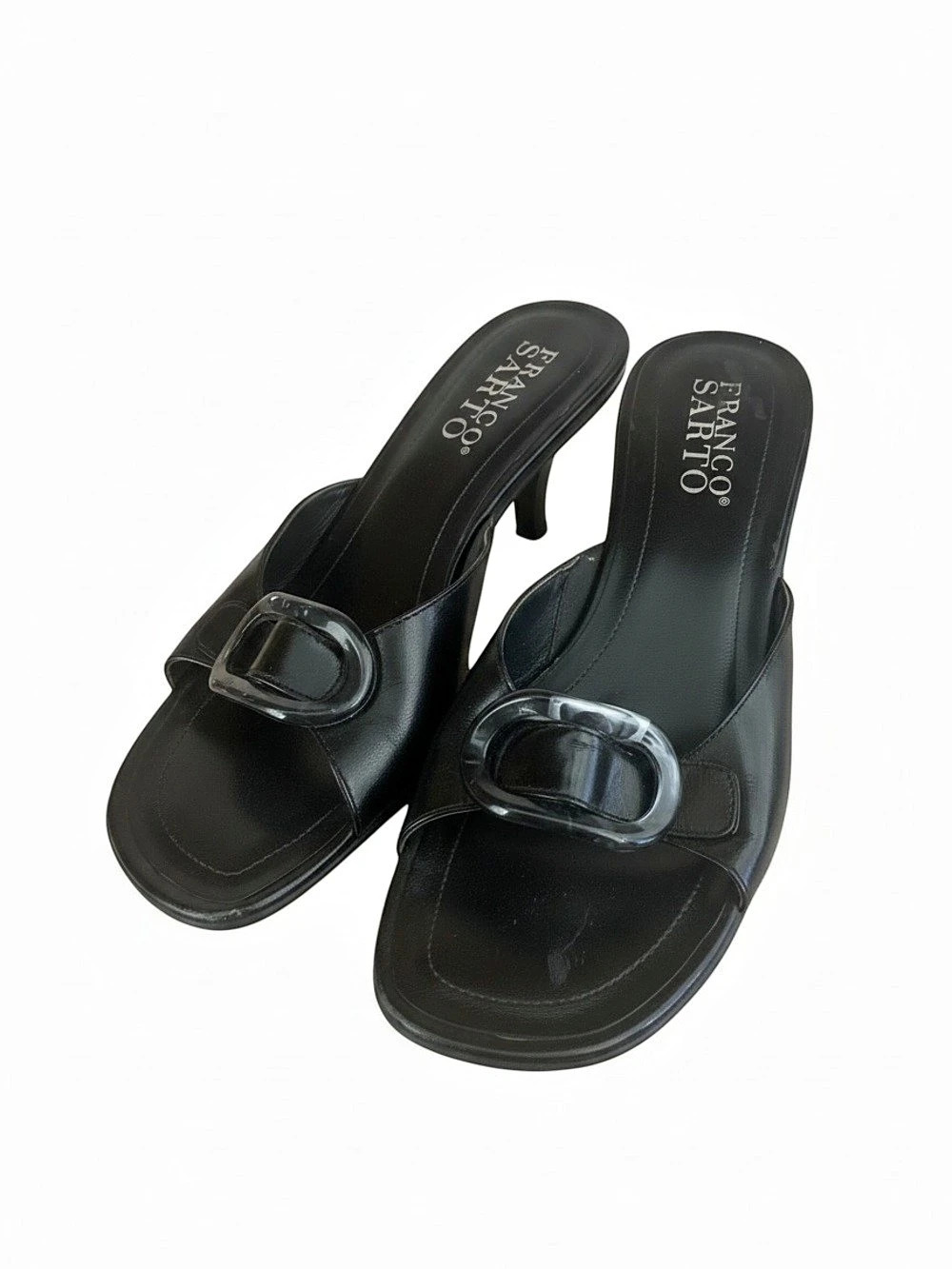 Franco Sarto Black Mule Heels Faux Marble Buckle 8.5